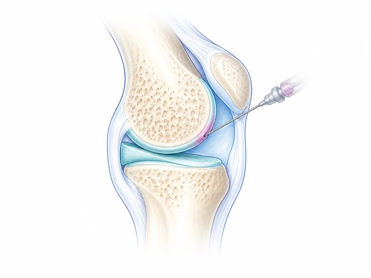 Knee joint cross-section with a needle delivering ChondroFiller onto the worn cartilage surface of the femur